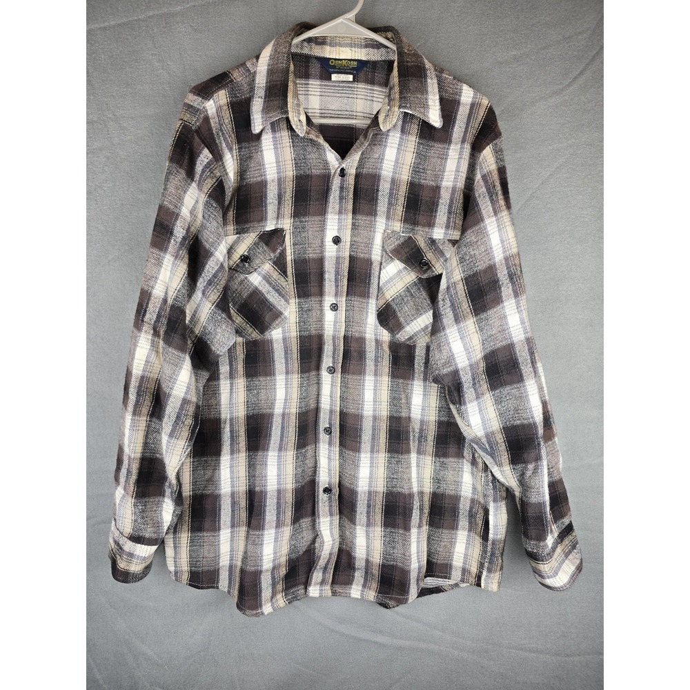 OshKosh Bgosh Mens Large Flannel Shirt Brown Plaid Long Sleeve Cotton‎ Workwear